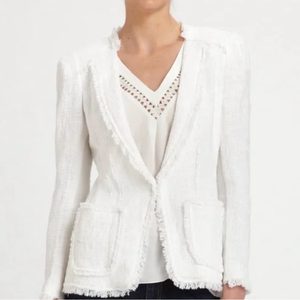 Rebecca Taylor White Fringe Tweed Jacket Blazer Size 4